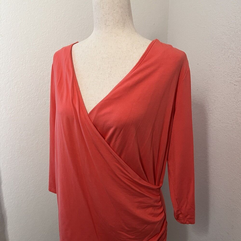 Talbots Woman Coral Wrap Top Size 1X Stretch Long Sleeve Deep V-Neck - Picture 2 of 8